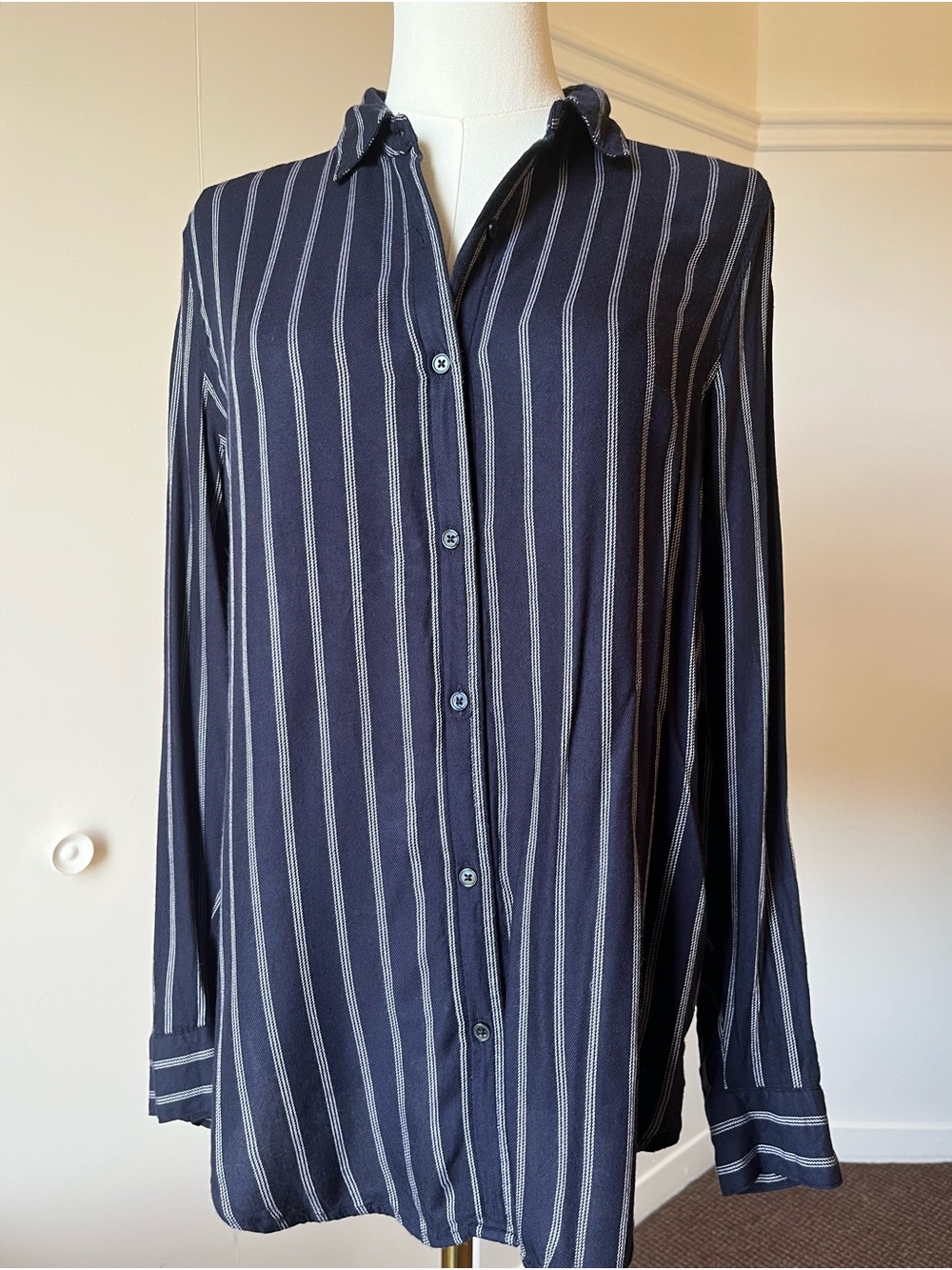 Banana Republic Navy and White Vertical Stripe Button-Down Shirt